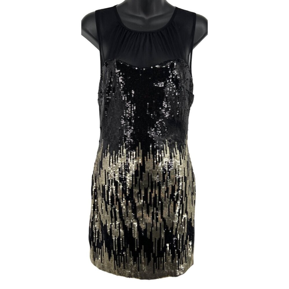 Bebe Women Dress Sequin Size Small Bodycon Black Gold Mesh Noir Is Beautiful New